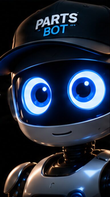 Close-up of the PartsBot robot with glowing blue eyes and a PartsBot cap