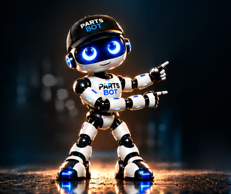 The PartsBot robot mascot, wearing a PartsBot cap, pointing toward the list of supported parts suppliers