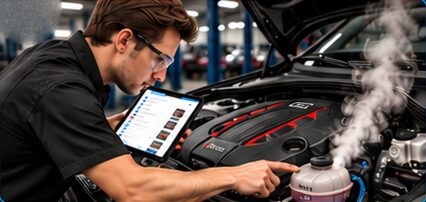 A technician in safety glasses holds a tablet while pointing at a steaming coolant reservoir under the hood